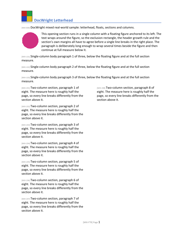 A letterhead page with a logo, a floating figure with wrapped text, and a two-column section