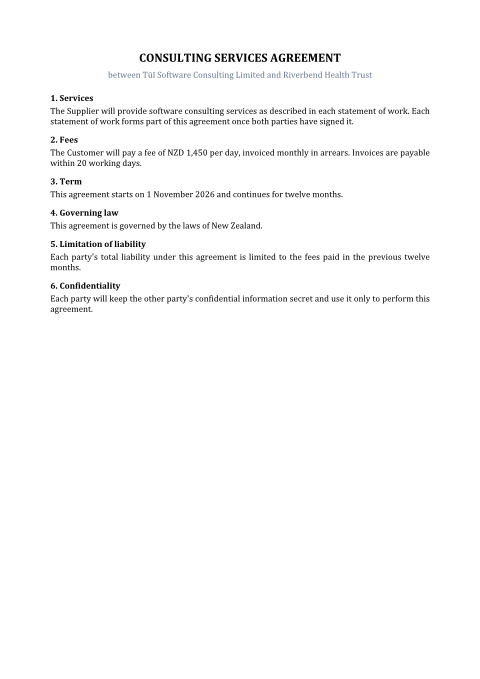 The agreed agreement: version 2's wording, with the governing-law clause not bold