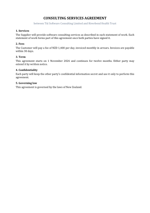 Version 1 of the agreement with five clauses