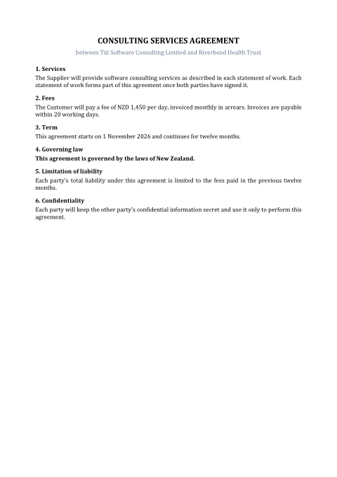 Version 2 of the agreement with six clauses