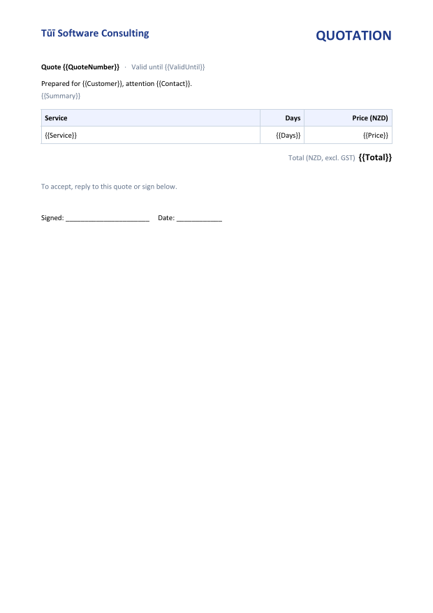 A quotation template with {{placeholders}} in the heading, a table with one template row, and a total