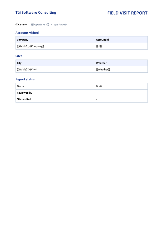 A field visit report template with {{Name}} placeholders, a Company table whose row starts with {{#table1}}, a City table whose row starts with {{#table2}}, and a status table