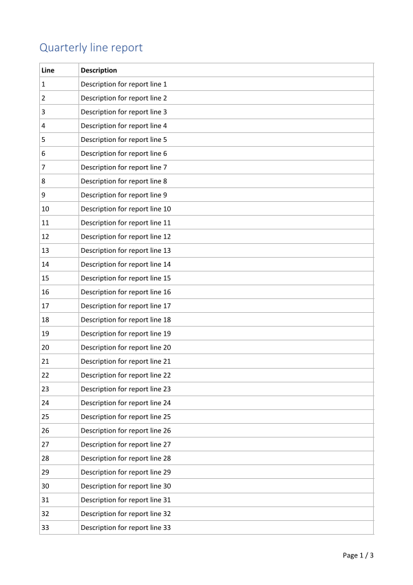 The first page of the converted PDF: a titled table of report lines with a page number in the footer