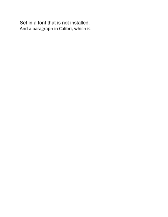 Two paragraphs: the first in the fallback font Arial, the second in Calibri