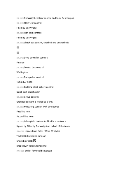 The form after filling: text replaced, both check boxes ticked, a different drop-down entry and date