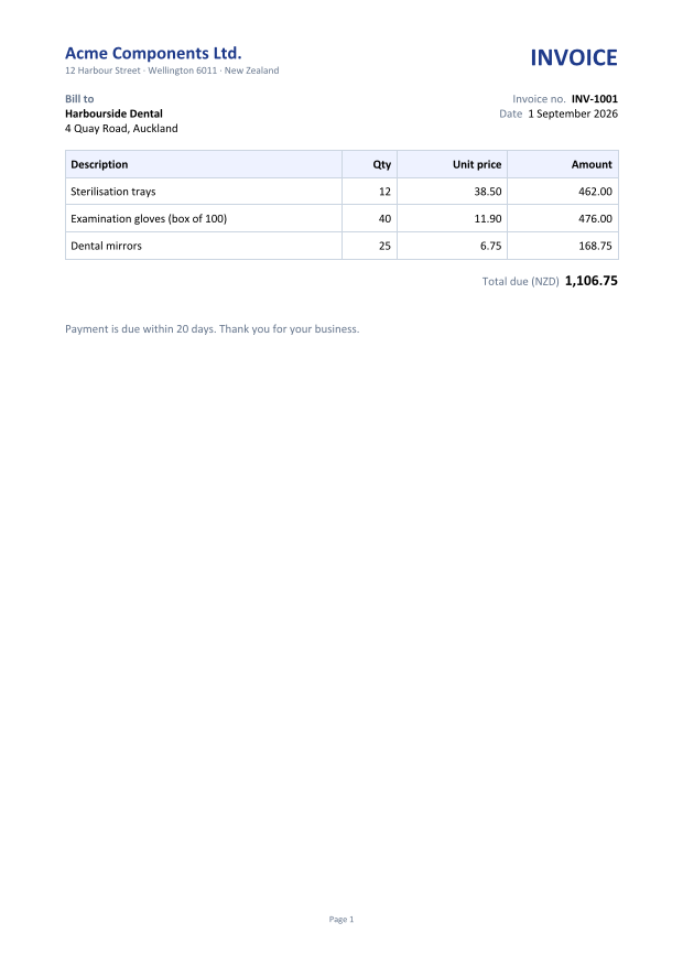 Invoice INV-1001 for Harbourside Dental with three line items and a total of 1,106.75