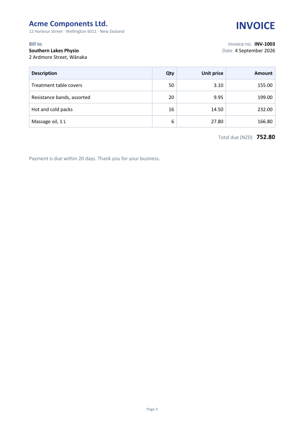 Invoice INV-1003 for Southern Lakes Physio with four line items