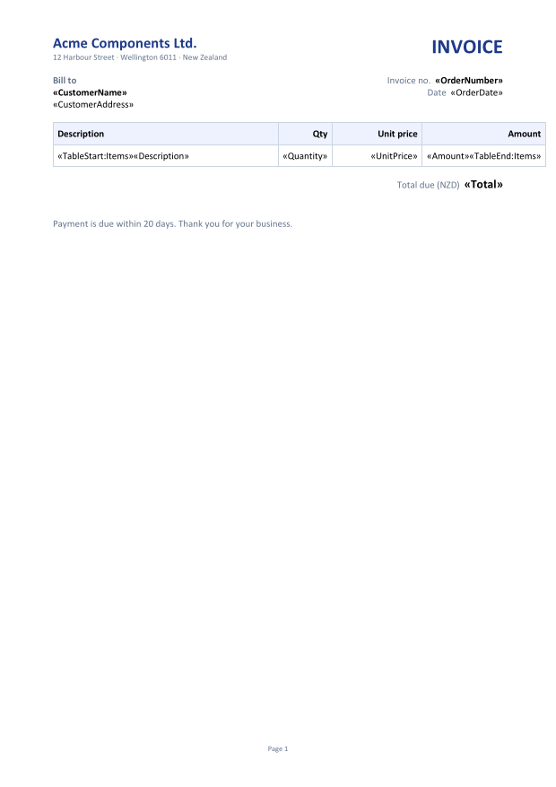 An invoice template: company header, bill-to block with merge fields, and a table whose single row holds merge fields