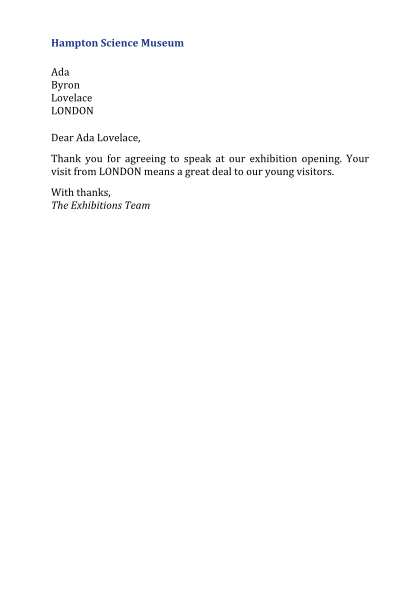 A letter to Ada Byron Lovelace, London in capitals
