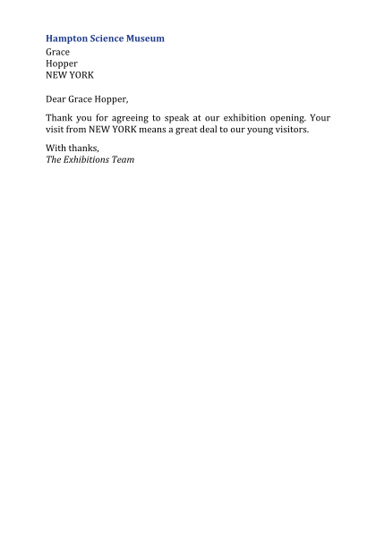 A letter to Grace Hopper with no empty middle-name line