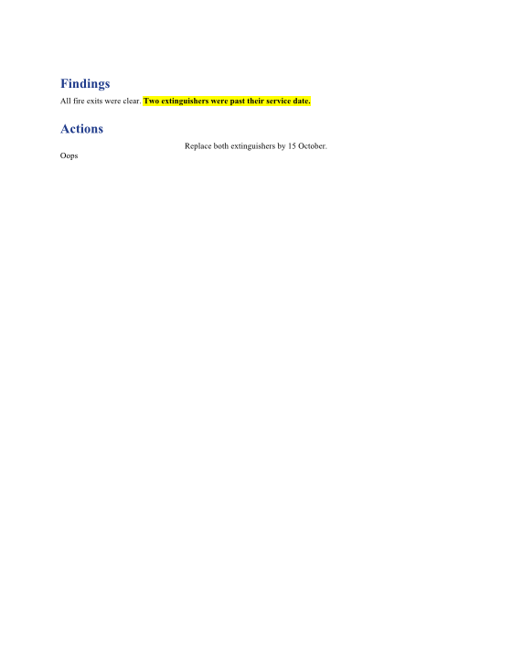 Two blue bold headings in the Section Heading style, body text with one bold highlighted run, and a centred paragraph