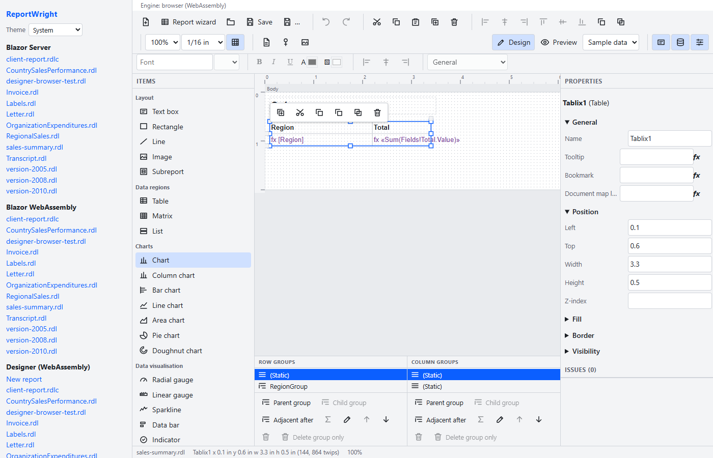 The data pane listing a data source, the Sales dataset with its fields, parameters and the built-in fields