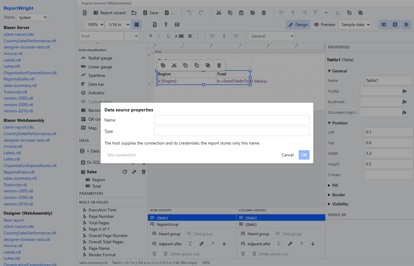 The data source dialog with a name and a type, explaining that the host supplies the connection and its credentials