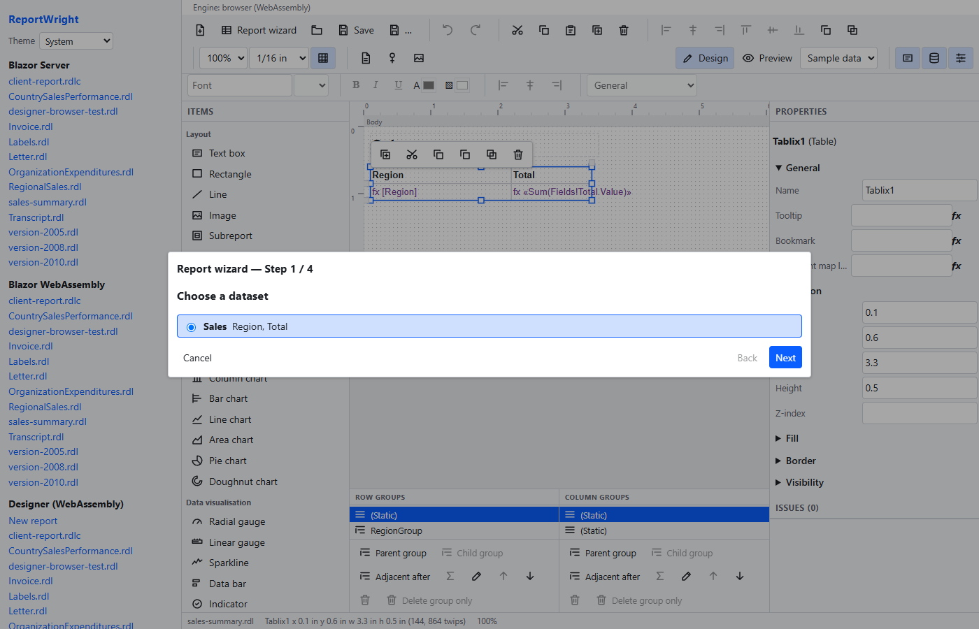 The report wizard at step 1 of 4, choosing the Sales dataset