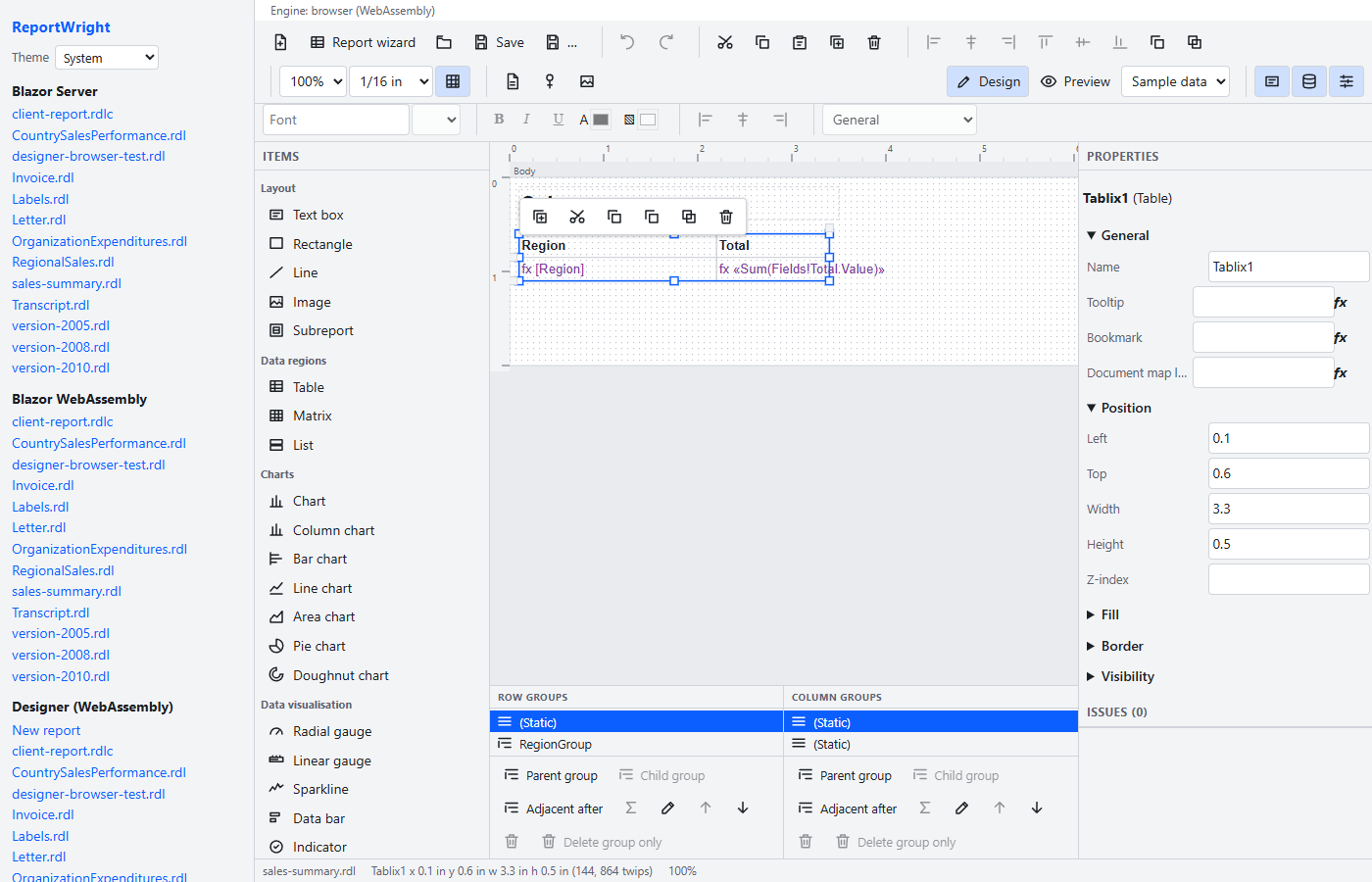 The designer with a table selected, its floating toolbar above it, the row and column groups below and the property grid on the right