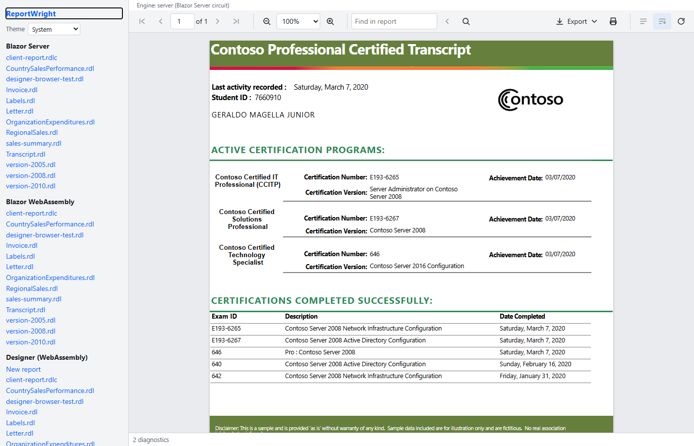The ReportWright viewer showing a certification transcript report, with paging, zoom, search, export and print on its toolbar