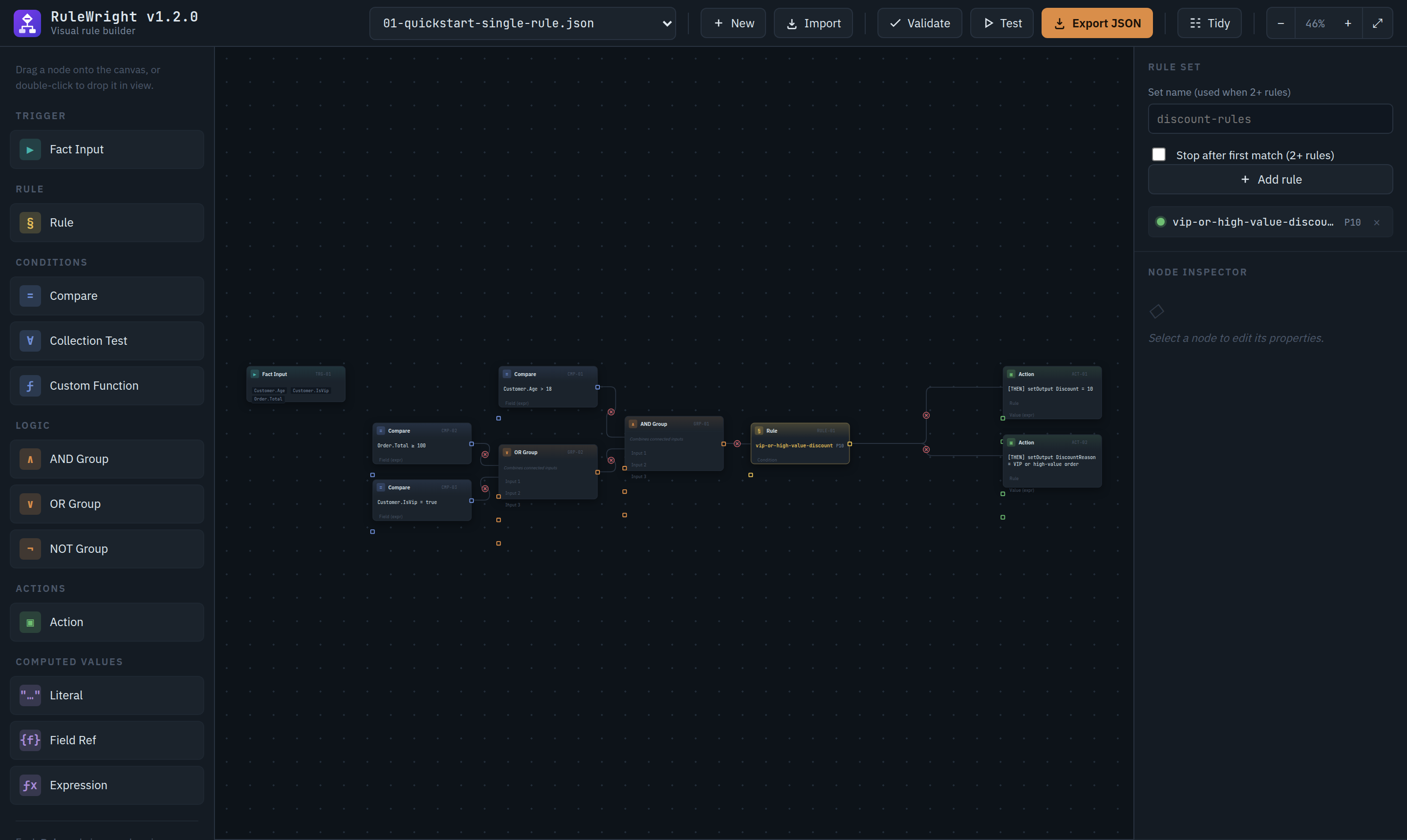 The rule builder with example 01 loaded: the node palette on the left, a graph of Compare, OR, AND, Rule and Action nodes on the canvas, and the rule-set panel on the right