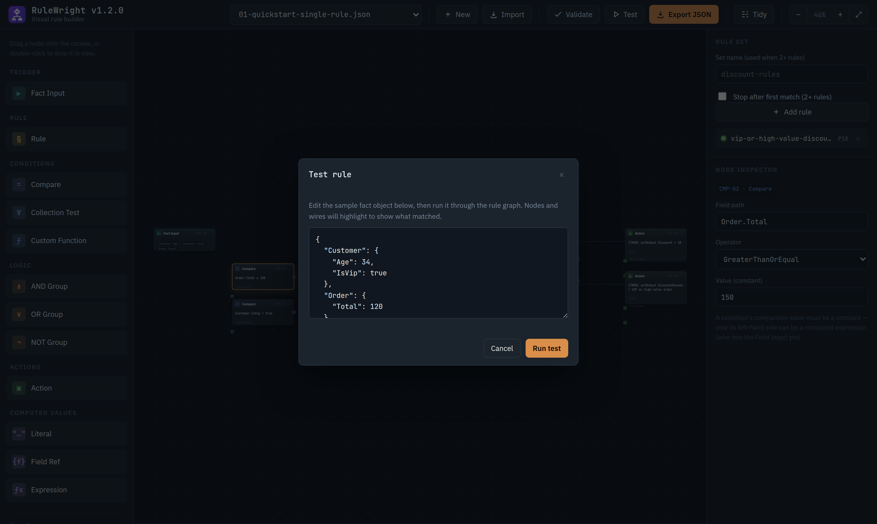 The Test rule dialog with a JSON fact: Customer Age 34, IsVip true, Order Total 120