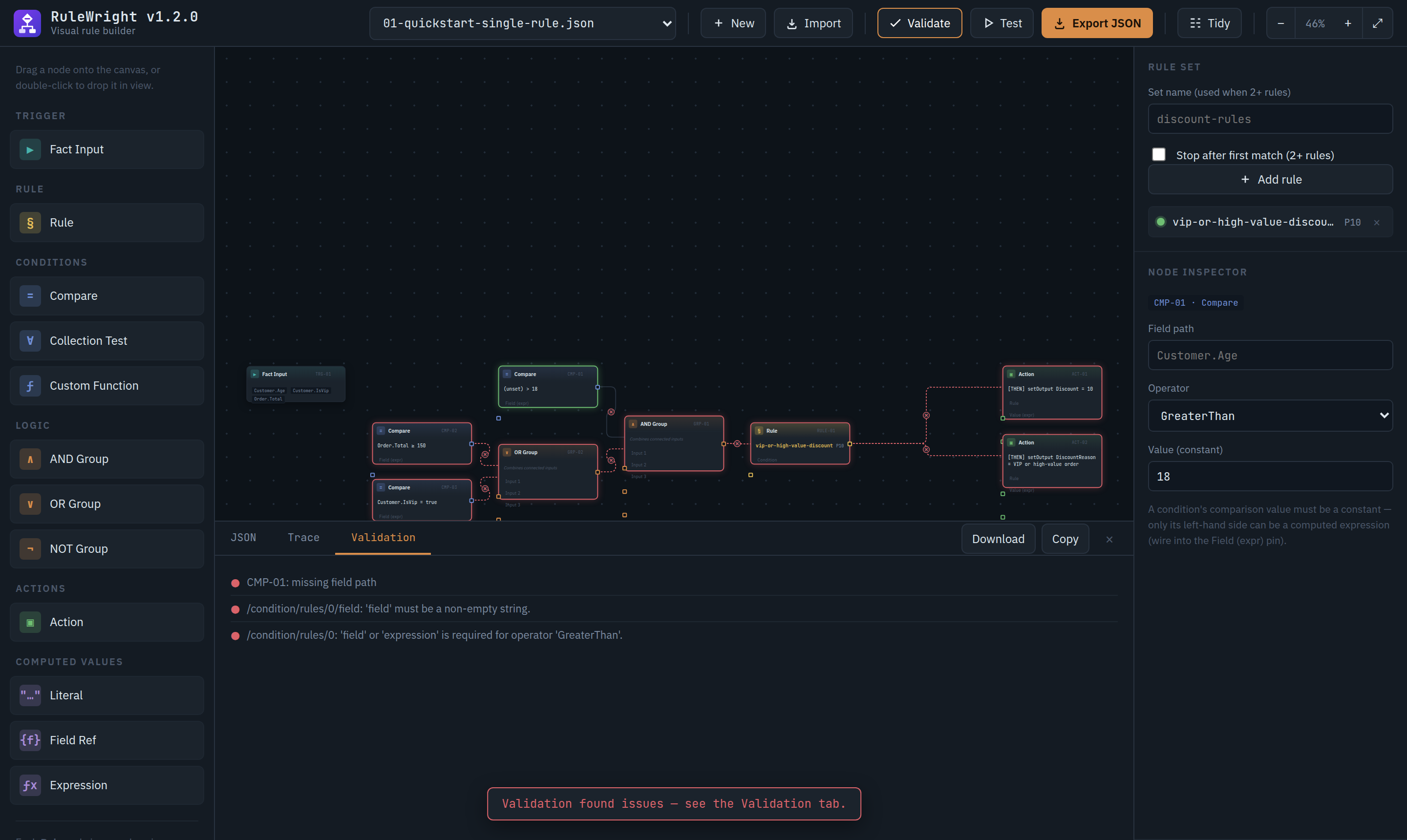 The Validation tab lists: CMP-01: missing field path; /condition/rules/0/field: 'field' must be a non-empty string; /condition/rules/0: 'field' or 'expression' is required for operator 'GreaterThan'